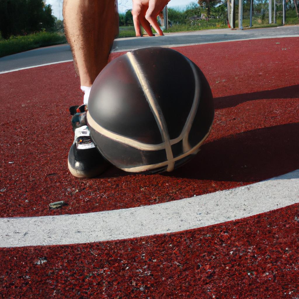 Person dribbling basketball on court