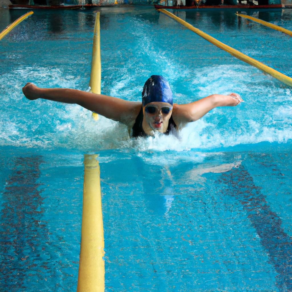 Woman swimming butterfly stroke competitively