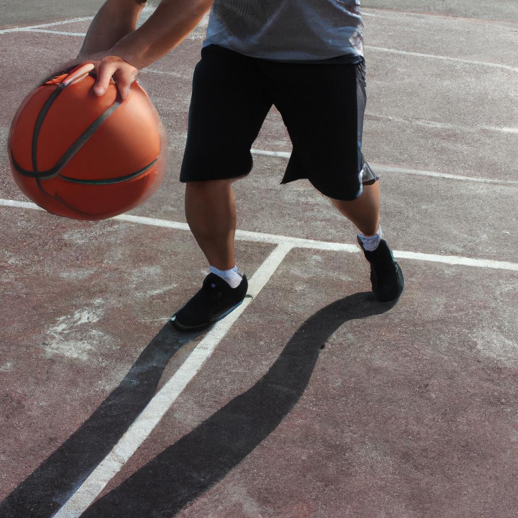 Person dribbling basketball, practicing shooting